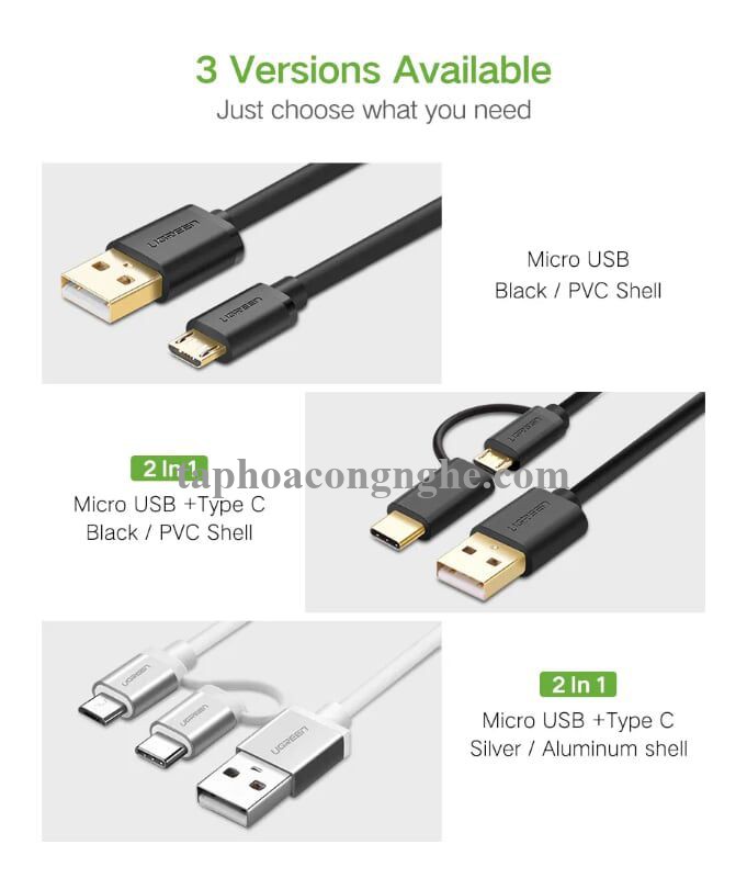 Ugreen 30170 0.5M màu trắng Cáp USB-A sang Micro USB + USB-C cao cấp US142 30030170
